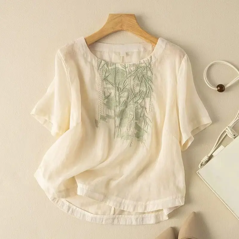 Áo Thun Cotton Và Vải Lanh Thêu, Phong Cách Cổ Điển Nghệ Thuật, Dáng Rộng Vừa Vặn, Cao Cấp, Ngắn Tay, Công Nghiệp Nặng, Hàng Mới Về Năm 2024 Nữ Women Top
