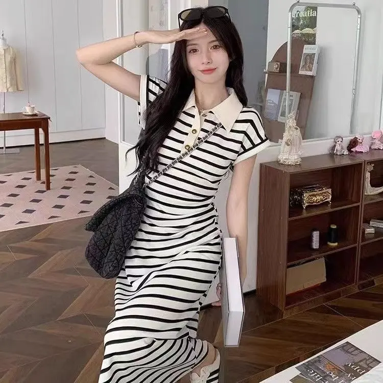Striped Patchwork Polo Collar High-End Elegant Slimming Dress for Women Summer New Fashionable Long Dress Trend