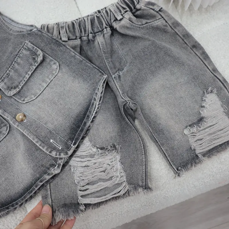 Bộ quần áo  BA LỖ JEAN MỀM cổ tròn màu xám bạc cho bé từ 8-30kg 8