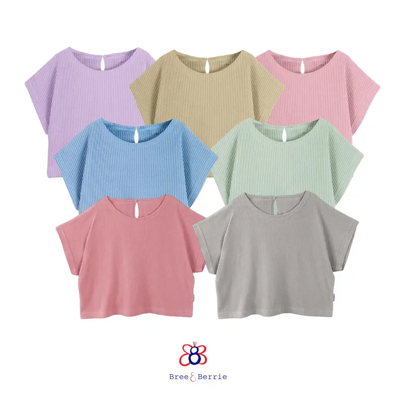 Bree&Berrie-Tshirt Crop Top Anak Katun Kaos/Knitt Motif Waffle-Nida-Fashion 0