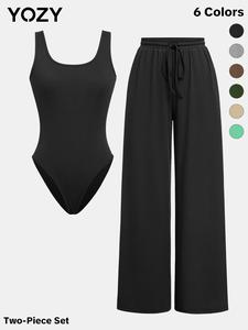 Yozy Plain Ribbed Tank Bodysuit & Drawstring Waist Pants Set/ Casual Scoop Neck Sleeveless Bodysuit & Wide Leg Trousers Set, Classy Two Piece Sets, Women's Daily Outdoor Wear for Summer & Autumn Tops, Back To School, Co-ord Set Outfits