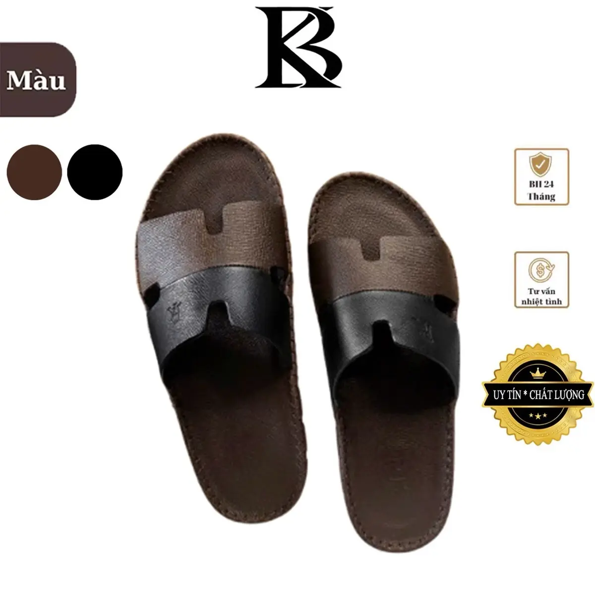 Dép Nam HM021 Quai Da Bò epsom Nâu đen|Bản Chế tác Thủ Công (BK)|Đế Cao Su đúc Nguyên khối |Đế Bằng| lê