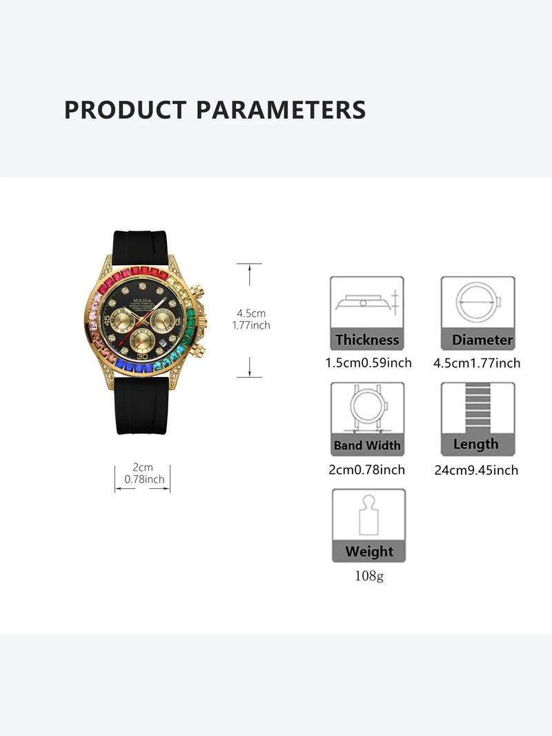Product Introduction of Men's Business Fashion Rhinestone Decorated Analog Quartz Watch, Fashion Watch for Party, Daily Clothing Decor, Trendy All-match & Exquisite Watch Jewel for Birthday Gift with Box 1