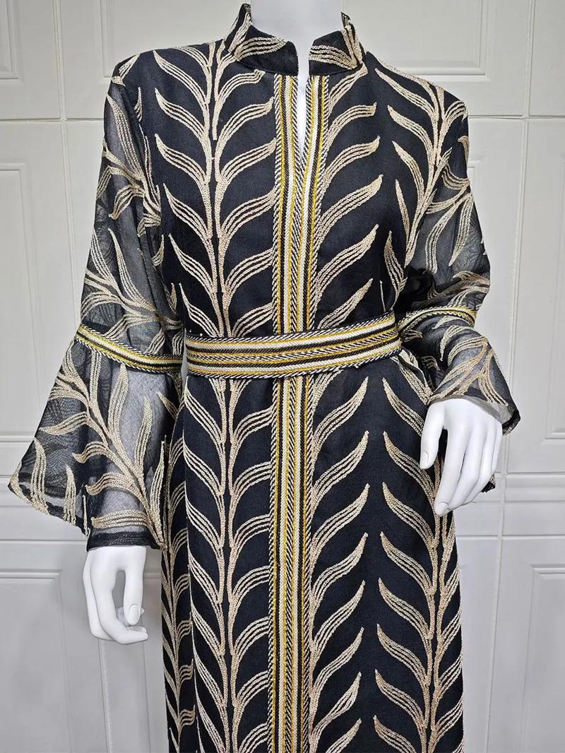 Product Introduction of Dubai Embroidery Abaya With Belt For Muslim Woman Notched Stand Collar Flare Sleeve Elegant Loose Moroccan Saudi Kaftan 27