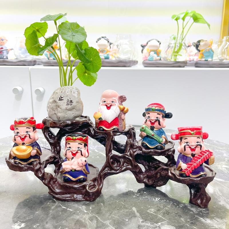  Bộ Tượng Thần Tài Ngũ Phúc cao cấp kèm chậu cây tiểu cảnh và chân đế ngang 6 ô 