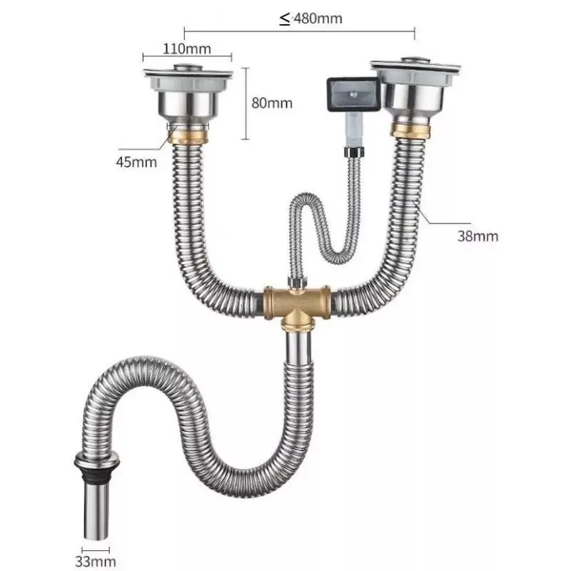 Bộ ống thoát nước bồn rửa bếp 2 hố 110mm,Ống thoát nước bồn rửa chén INOX