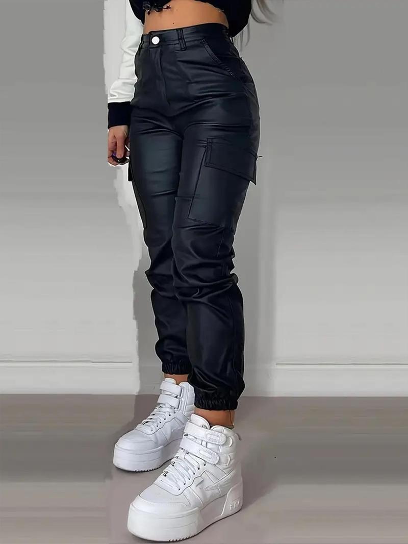 Product Introduction of Women's Solid Pocket Button Cargo Pants, Casual Streetwear Multi-Pocket Trousers for Daily Wear, Ladies Bottoms for All Seasons 4