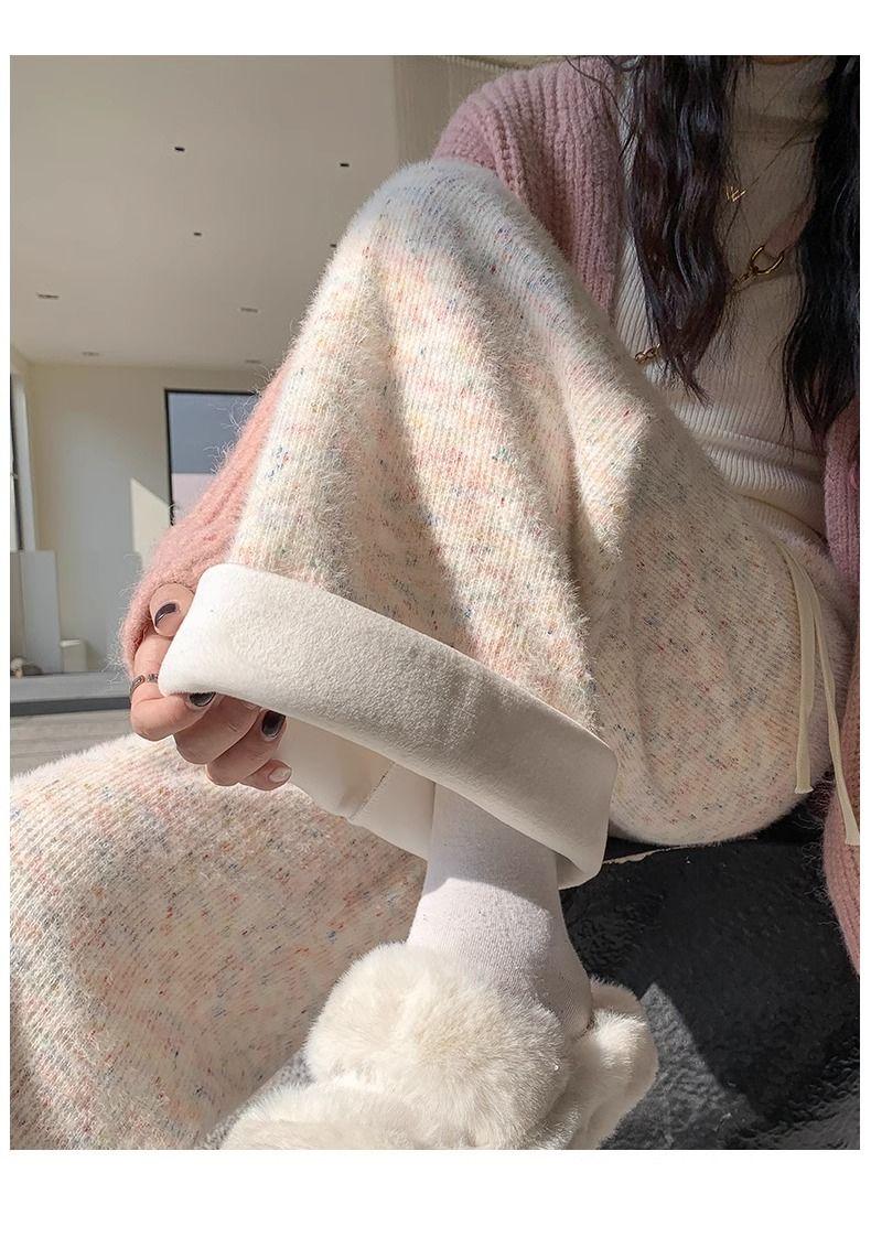 Product Introduction of Rainbow Color Glutinous Rice Pants Women's Autumn and Winter 2023 New High Waist Drooping Soft Glutinous Wide-Leg Pants Casual Knitted Fleece Padded Pants 30
