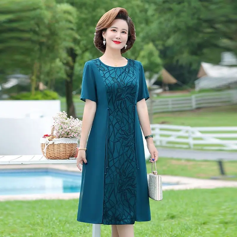 Váy Cho Mẹ, Trung Niên, Hàng Mới Về Mùa Hè, Dáng Rộng Vừa Vặn, Ngoại Cỡ, Thời Trang, Váy Jacquard Dài Trung Bình Dành Cho Nữ