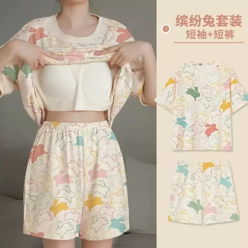 Đồ Ngủ Nữ, Phong Cách Ngọt Ngào Mùa Hè, ngắn Tay, Mỏng, Có Đệm Ngực, Thiết Kế Hoạt Hình, Cỡ Lớn, Trang Phục Dáng Rộng, Có Thể Mặc Làm Áo Mặc Bên Ngoài, Đồ Mặc Nhà, Năm 2024