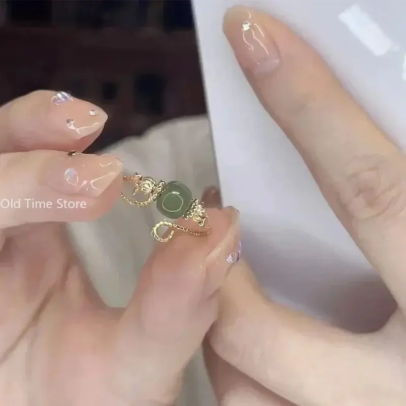 Gold Color Party Creative Jewelry New Vintage Fashion Adjustable Rings for Women Can Turn To Relieve Anxiety Jade Ring 4