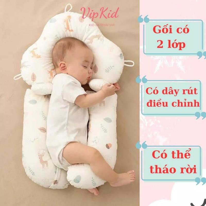 Gối chữ U cao cấp cho bé, gối cho bé vừa làm gối ngủ, gối chống giật mình sơ sinh, gối chặn, gối ôm, có dây rút định hình đầu, chống bẹp đầu vipkid