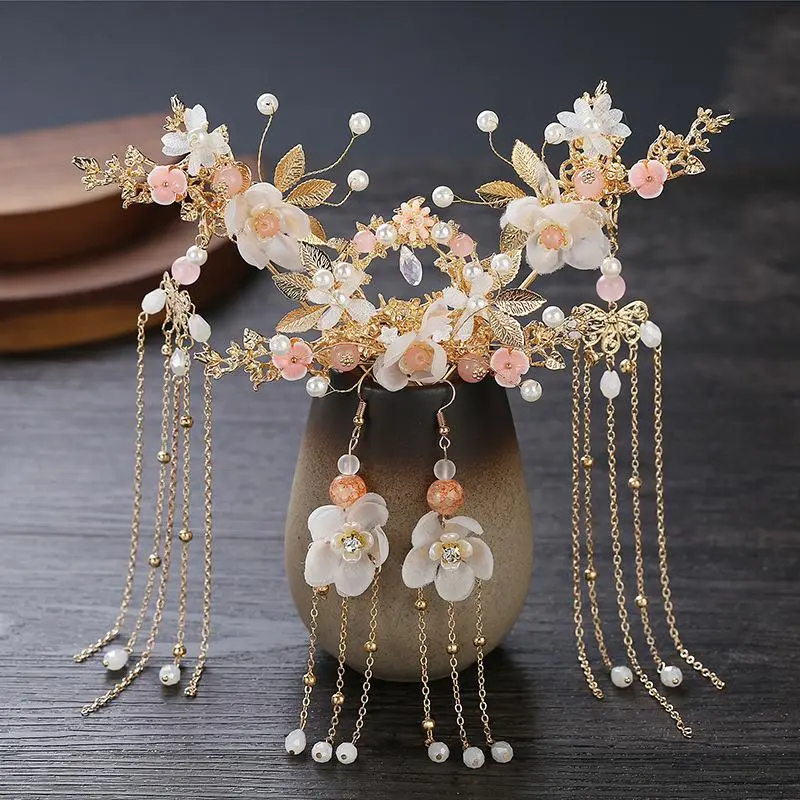 Hanfu Ancient Costume Women'S Headdress Retro Chinese Bride Xiuhe Hair Crown Earrings Hairpin Accessories