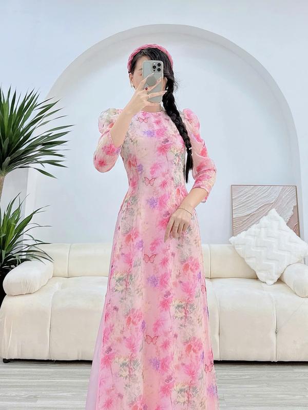 Áo dài nữ thiết kế tơ ép 4 tà màu hồng phấn - MÃ TK156 Women Dress Women Nhung Kem Sen 2