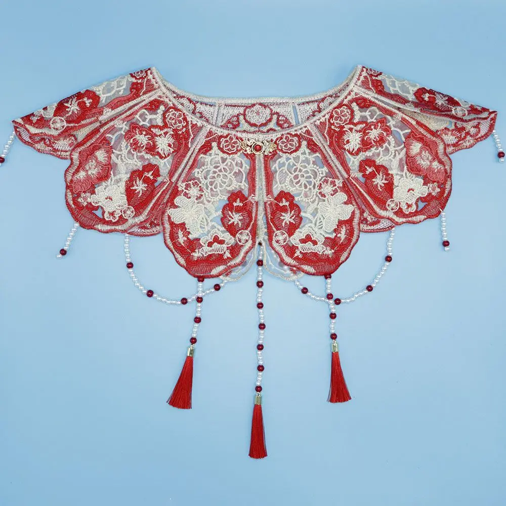 Khăn Choàng Hanfu, Yunjian, Khăn Choàng Áo Choàng Poncho, Ren Vai, Màu Đỏ Manting, Thêu Công Nghiệp Nặng, Phía Sau Bằng Khăn Choàng Thêu Tua Rua, Phong Cách Trung Quốc Mới, Quần Áo Bánh Mì Nướng