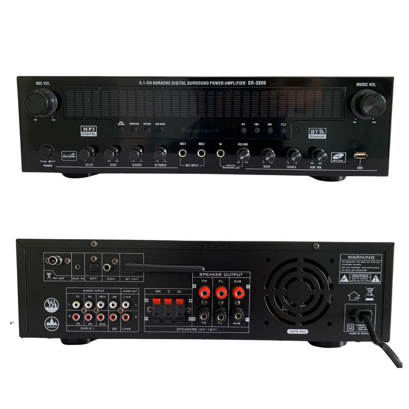 Amply Karaoke Bluetooth SR- 3800 công suất đỉnh 1000w, có kết nối cổng quang và loa sub, có dải đèn EQ chỉnh 9 kiểu. Củ Loa Nghe Nhạc