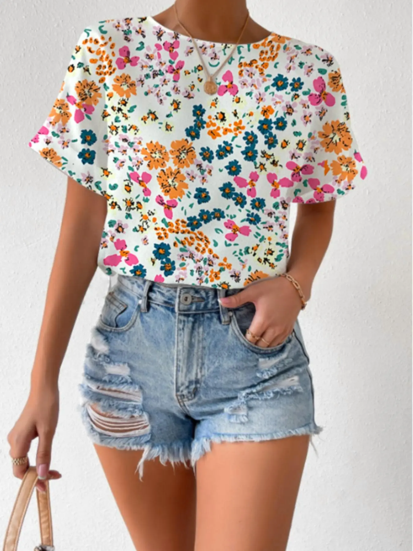 Women's Ditsy Floral Print  Blouse, Casual Short Sleeve Round Neck Top for Summer, Ladies Clothes for Daily Wear