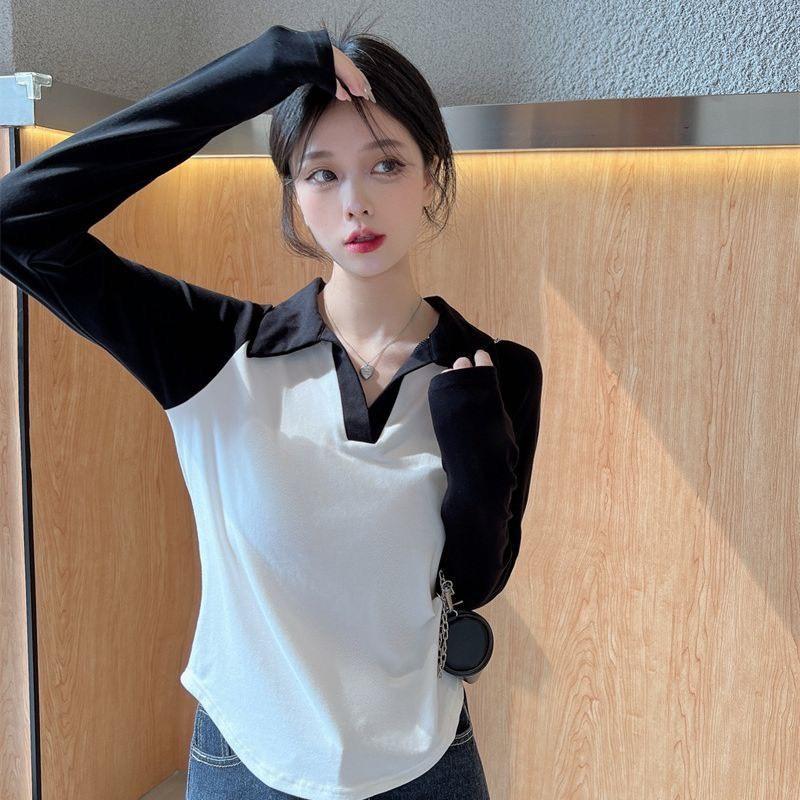 Áo thun nữ dài tay áo thun kiểu polo cổ bẻ tăm co giãn kiểu dáng basic A197 PANOSI Women Top Voi Voan 0