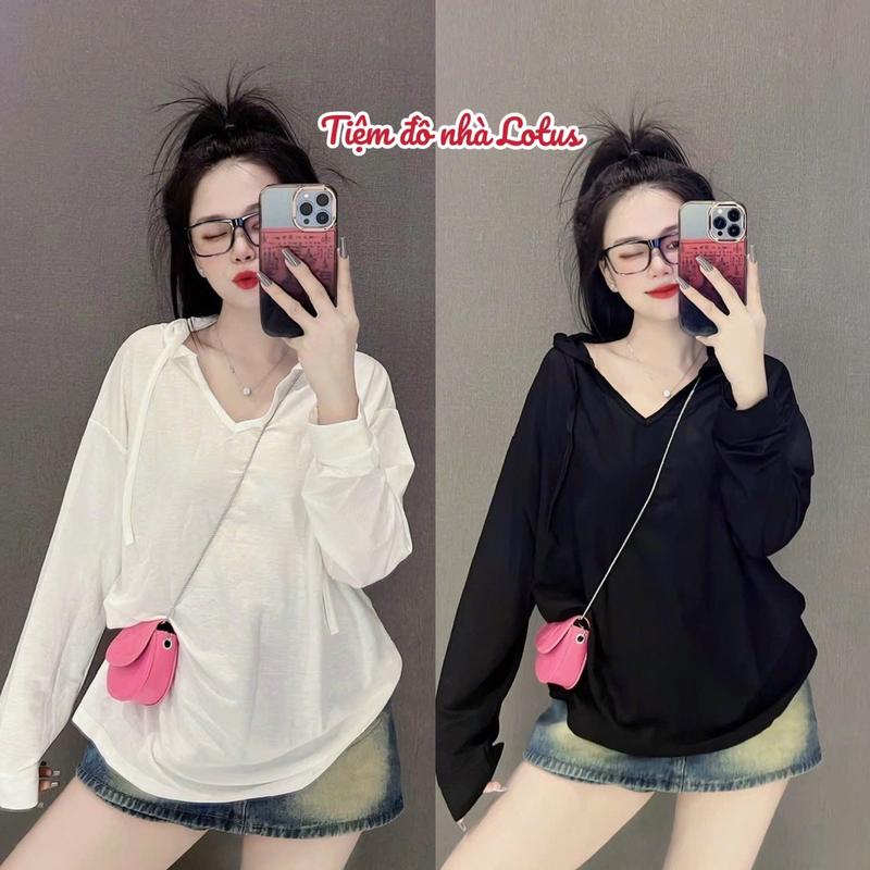 Áo Thun Giấy Có Nón Cổ V Thu Đông Form Rộng Tay Dài (Tiệm đồ nhà Lotus)
