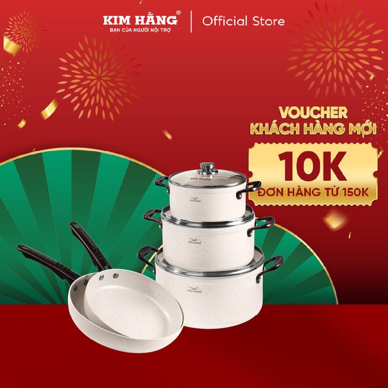Bộ Nồi Chảo Chống Dính Ceramic Thanh Xuân KIM HẰNG 5 Sản Phẩm Dùng Được Trên Bếp Từ (Size 18-22-26cm) có nắp