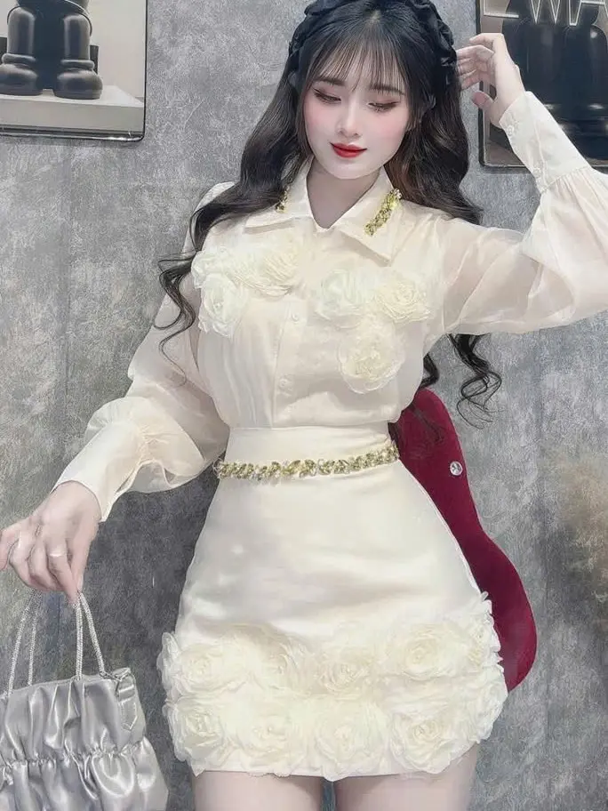 FORM LỚN - LÙI SIZE - Sét áo và chân váy đi tiệc cao cấp 2 món phối hoa hồng mix đá diện tết, tiệc cưới A713 KimHoa77 Áo Top Nữ Kem