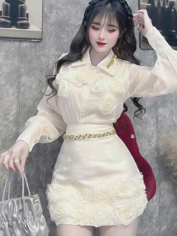  FORM LỚN - LÙI SIZE - Sét áo và chân váy đi tiệc cao cấp 2 món phối hoa hồng mix đá diện tết tiệc cưới A713 KimHoa77 Áo Top Nữ Kem 