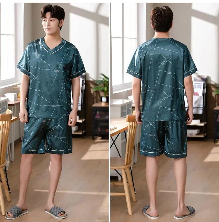 Product Introduction of Men's Pajamas Summer Fashion V-Neck Thin Ice Silk Short-Sleeved Shorts Nightie Two Piece 2024 New Boys Casual Sleepwear Nightie 23