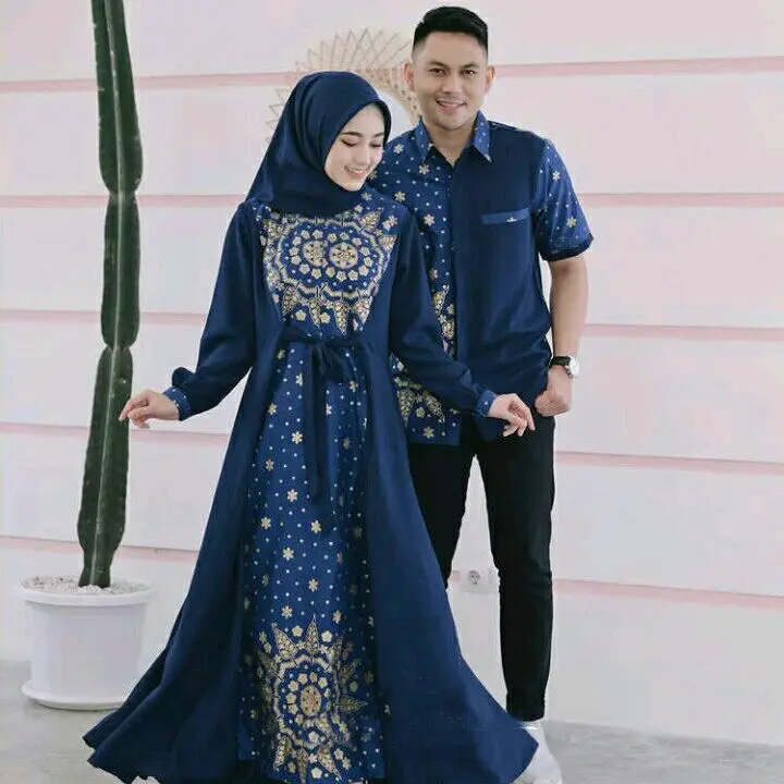 baju batik couple pasangan suami istri gamis syar'iah modern terhits elegan kemeja lengan pendek motif prada Katun kombinasi  kondangan  pesta  seragam Muslim Wanita 2