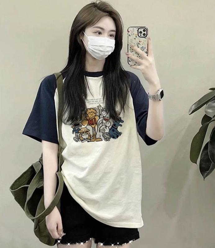 Áo thun phông Raglan logo tay nam nữ PINK tay lỡ form rộng HOẠT HÌNH Unisex Top Cổ Tròn Cotton Voan Women