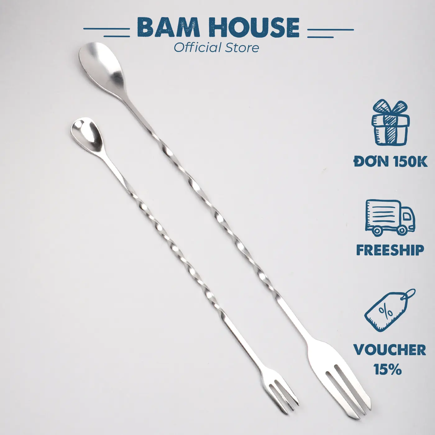 Muỗng khuấy inox pha chế quầy bar Bam House 2 đầu cao cấp MKQB01