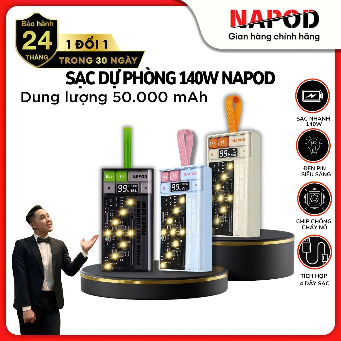 [VINHBANHBO] 50000mAh Sạc dự phòng 140W chính hãng NP Plus chip sạc nhanh 2 chiều an toàn tích hợp đèn pin và màn hình led BAO HÀNH 12 THÁNG.