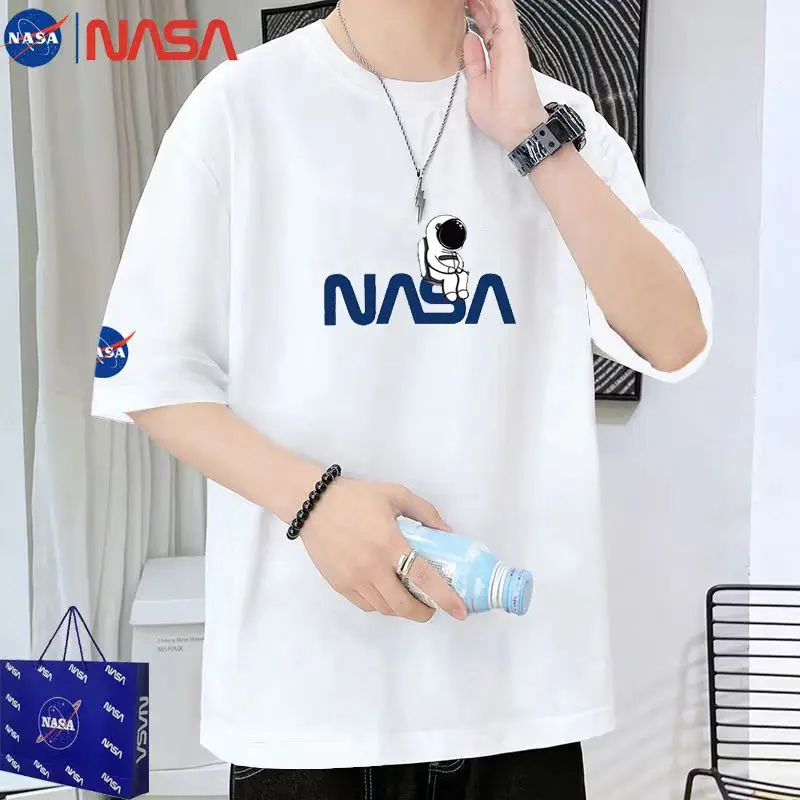 NASA Co branded Summer Men's Pure Cotton Short sleeved T-shirt Loose Size High end Handsome Half Sleeve T-shirt Bottom Casual Menswear Soft Top Outdoor Lingerie