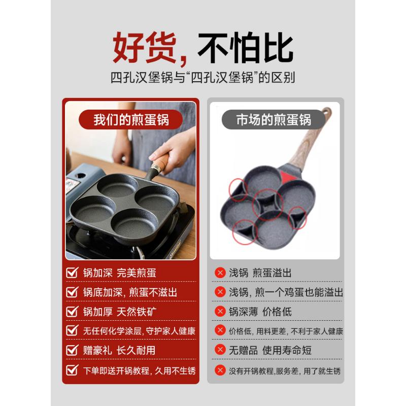 Product Introduction of Cast Iron Four-hole Omelette Artifact For Making Egg Dumplings, Burgers, Burger Molds, Small Pancakes, Flat-bottomed Non-stick Pans Breakfast Cookware Wooden 18