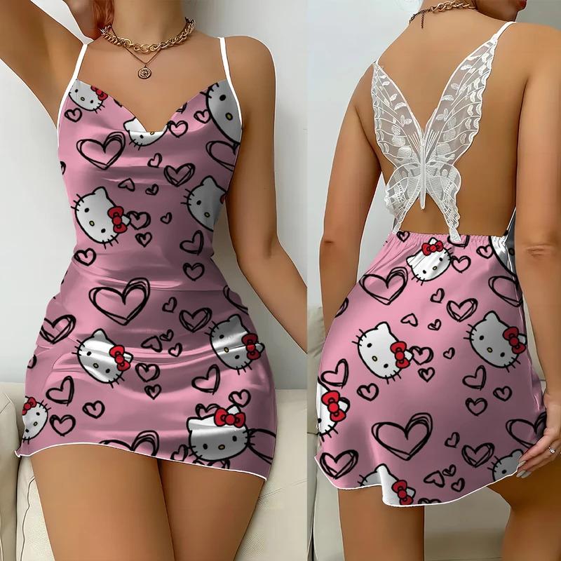 Váy Ngủ In Hình Hello Kitty, Sanrio, Vải Satin Mùa Hè, Thiết Kế Hở Lưng Gợi Cảm, Ren Bướm, Phong Cách Mặc Lót, Thích Hợp Để Nhập Vai Và Mặc Thường Ngày Váy Mặc Ngủ Thoải Mái Cho Nữ 0