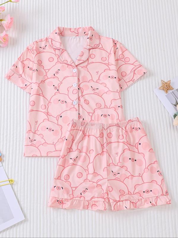 Girl's Cartoon Cat Print Lapel Neck Shirt & Shorts Two-piece Pajamas Set, Cute Casual Short Sleeve Top & Shorts, Kids Sleepwear for All Seasons 4