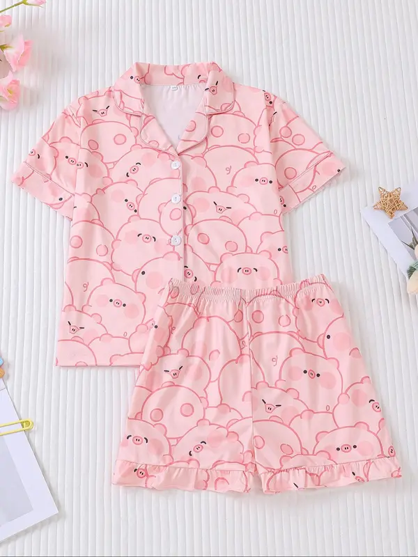 Girl's Cartoon Cat Print Lapel Neck Shirt & Shorts Two-piece Pajamas Set, Cute Casual Short Sleeve Top & Shorts, Kids Sleepwear for All Seasons 4