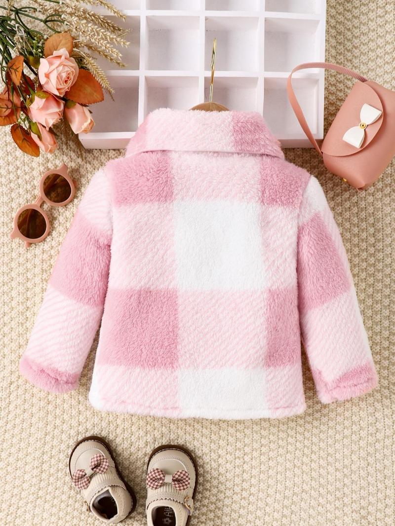 Product Introduction of Baby Girl's Plaid Print Long Sleeve Button Front Plush Jacket, Cute Warm Collared Coat For Fall & Winter, Newborn Infant Toddler Kids Outerwear For Daily Wear 2