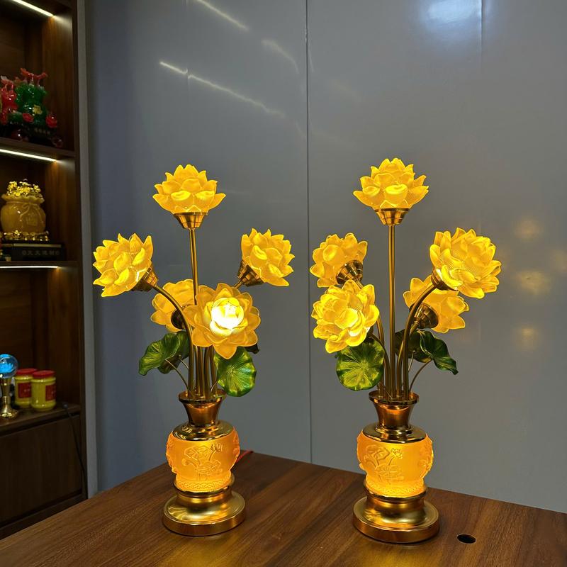    1 Đôi   Đèn Thờ Lưu Ly 5 Bông Chân Đế Màu Vàng Bầu Sen Nổi Cao 52cm bảng  led dendecor 
