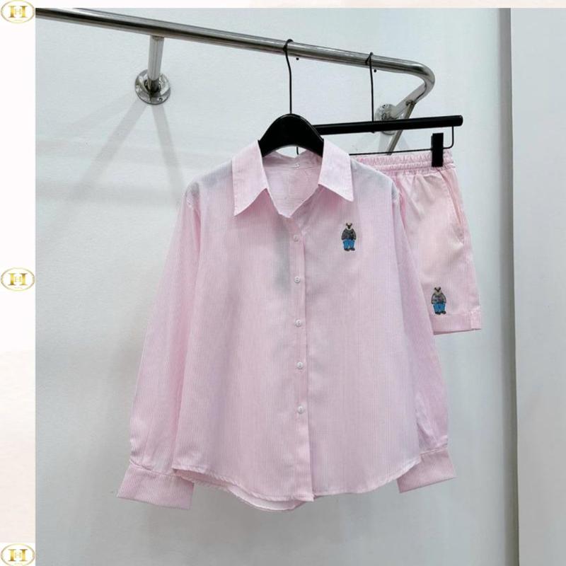 [Có tách lẻ] Set Bộ kẻ sọc thêu cún gồm áo sơ mi và quần đùi chất thô mềm, có túi, size 40-60kg, hot trend xuân hè 2025 - Top WomenStore 6