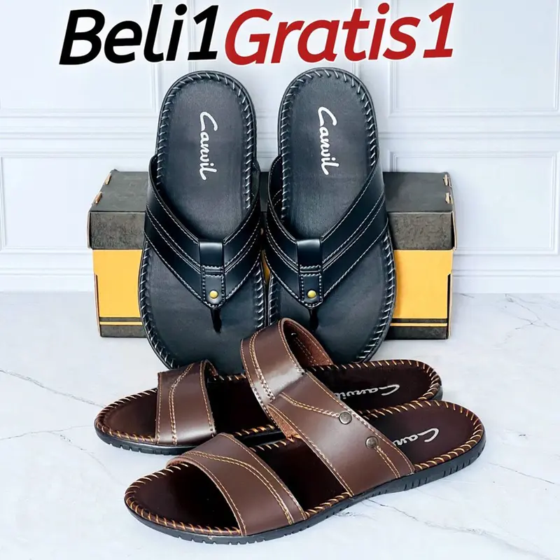 BELI 1 GRATIS 1 Sandal Kulit Pria Sendal Jepit Slop Selop Slide Slip On Cowok Kasual 5