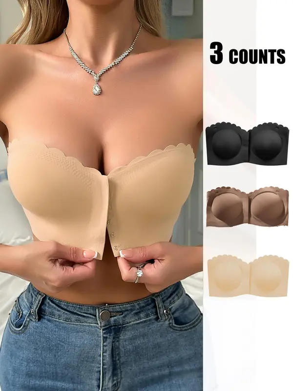 Women's Solid Scallop Trim Hook & Eye Front Wireless Bandeau Bra, Comfortable Breathable Seamless Strapless Bralette Lingerie for Daily Wear, Lingerie Top for All Seasons, Bras for Women 4