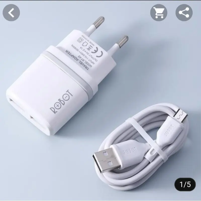 CHARGER ROBOT RT K9 12W dengan Dual Port 2.1A 1 charger untuk 2 handhope dg pengisian lebih cepaattt!! cable handphone