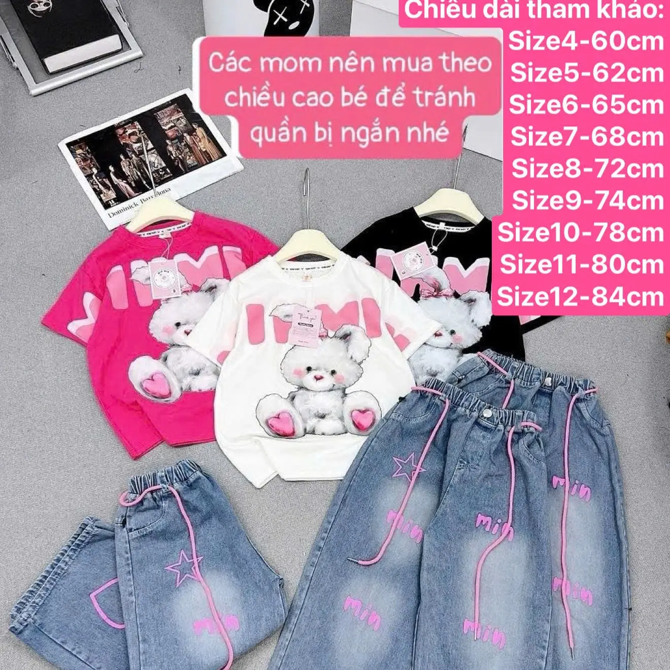 [MinMinKid3] (18-42kg, dưới 1m45) Set áo thun cotton phối quần jean IN CHỮ HỒNG hot trend cho bé gái diện hè, đi học, đi chơi