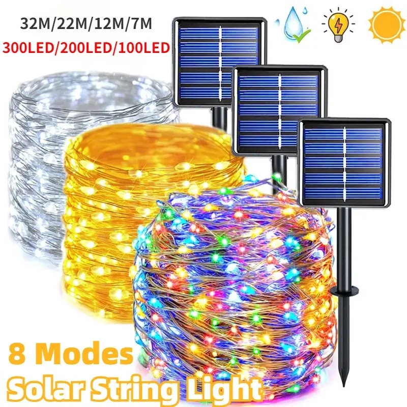 Đèn năng lượng mặt trời, Đèn dây cổ tích LED, Chống thấm nước, 8 chế độ chiếu sáng, 32M / 22M / 12M / 7M, Thích hợp cho Vườn, Sân trong, Cây, Tiệc cưới