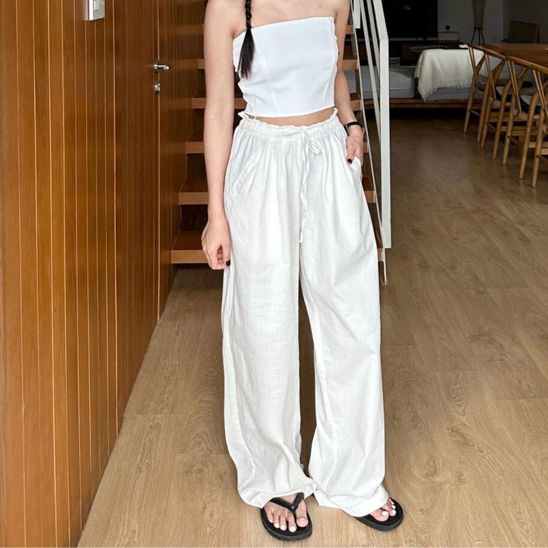 Quần linen dài nữ ống rộng cạp chun thắt nơ xếp ly vải linen tưng cao cấp MQ101