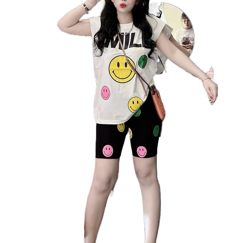 SÉT BỘ NGỐ ÁO THUN COTTON BA LỖ in hình (mc smile) phối quần ngố thun cotton in hình (mc) nữ mặc nhà đi chơi- Tuhaodobo Women Top 5
