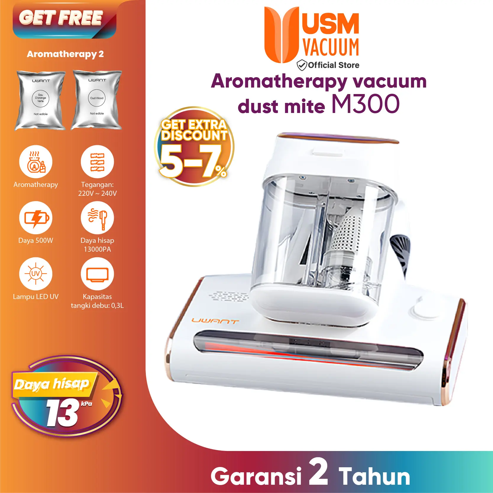 【COD】Uwant M300 13kPa Double Cup Intelligent Mite Removal Instrument Ultrasonic Ultraviolet Sterilization Kabel Vacuum