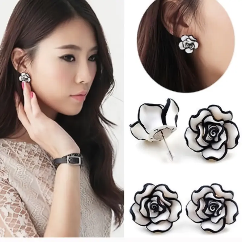 Anting Hijab Strip Rose Bunga Mawar Stud Earring Gaya Korea Putih Wanita Resin 5
