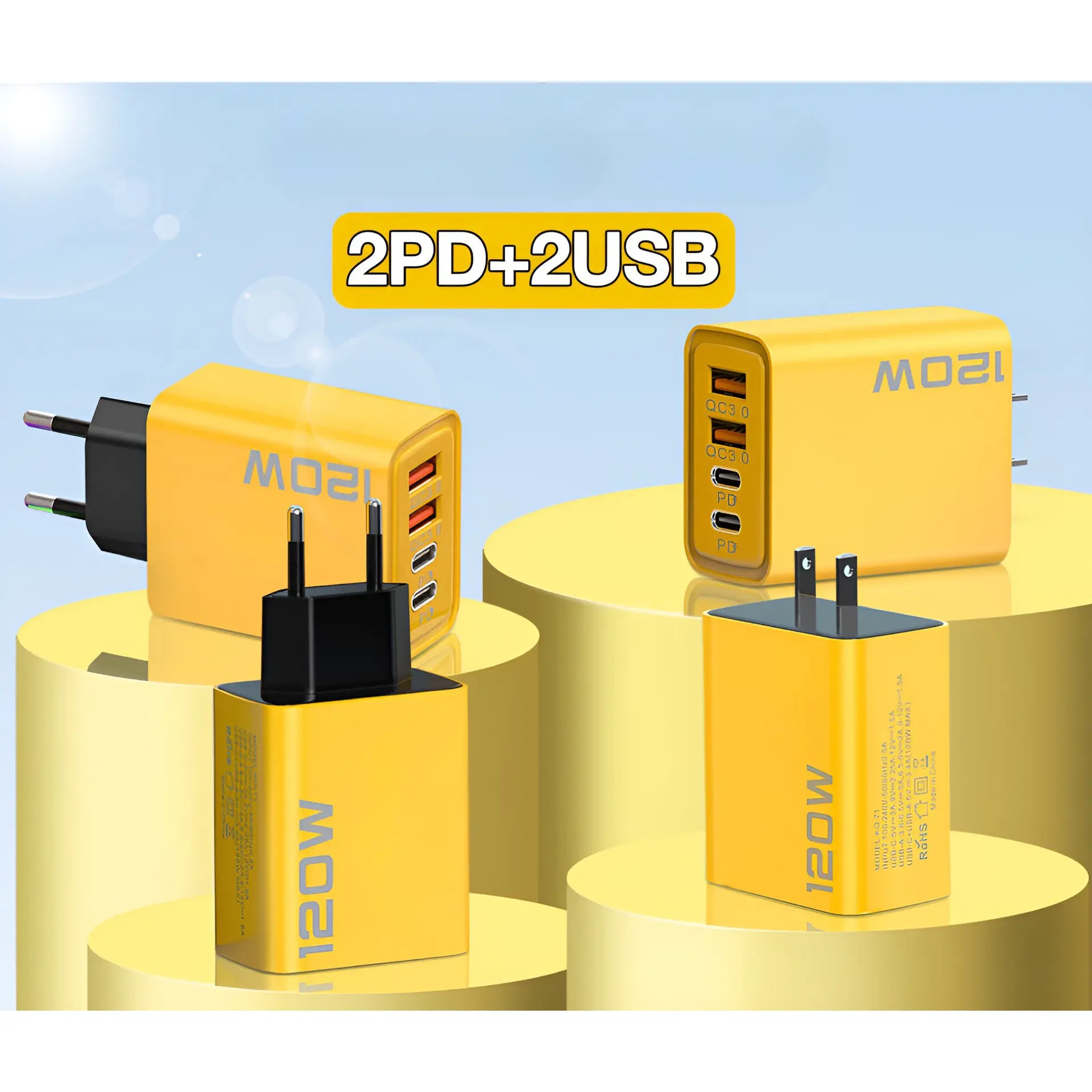 Bộ sạc nhanh, USB kép + Type-c kép, đa cổng, 120w, Bộ sạc PD Hoa Kỳ và Châu Âu Phụ Kiện củ  sạc Phone