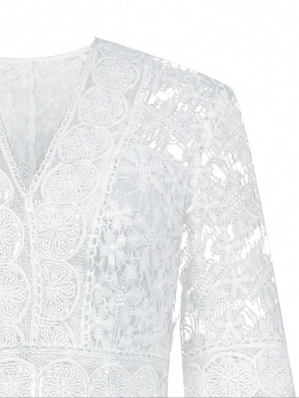 Women's Floral Lace Flounce Sleeve Dress, Elegant V Neck Long Sleeve A Line Dress for Party Holiday Wedding Guest, Ladies Clothes for All Seasons 3